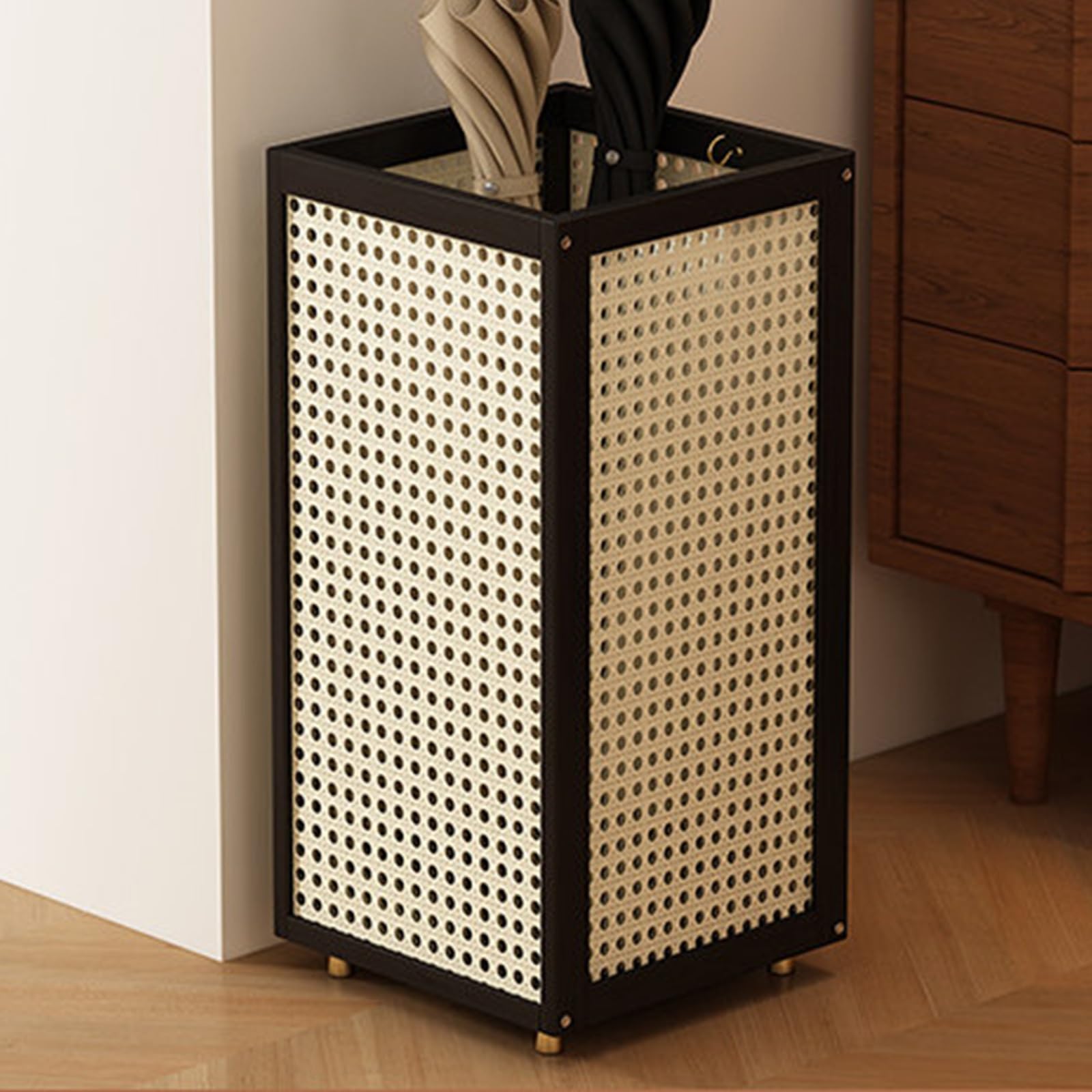 BHFPFZA Black Bamboo Umbrella StandStylish Square Holder for Entryway & Outdoor Use Removable Drain Tray Ideal for Apartments Hotels & Home Decor