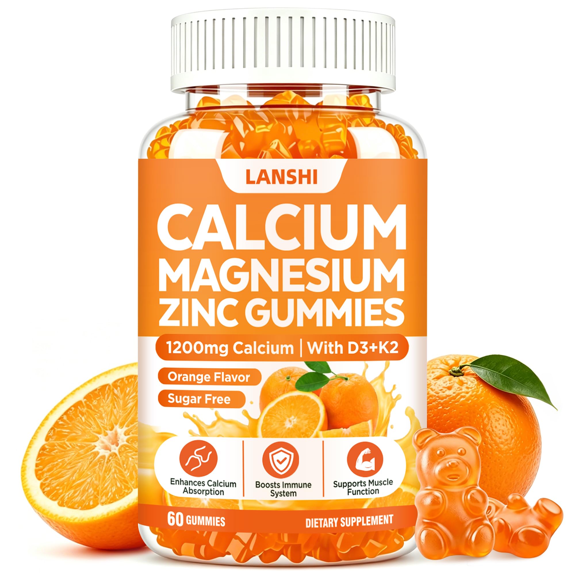 LANSHI Suplemento de cálcio em gomas com citrato de cálcio, vitaminas D3, K2 e B12, magnésio e zinco, 1200 mg, 60 gomas