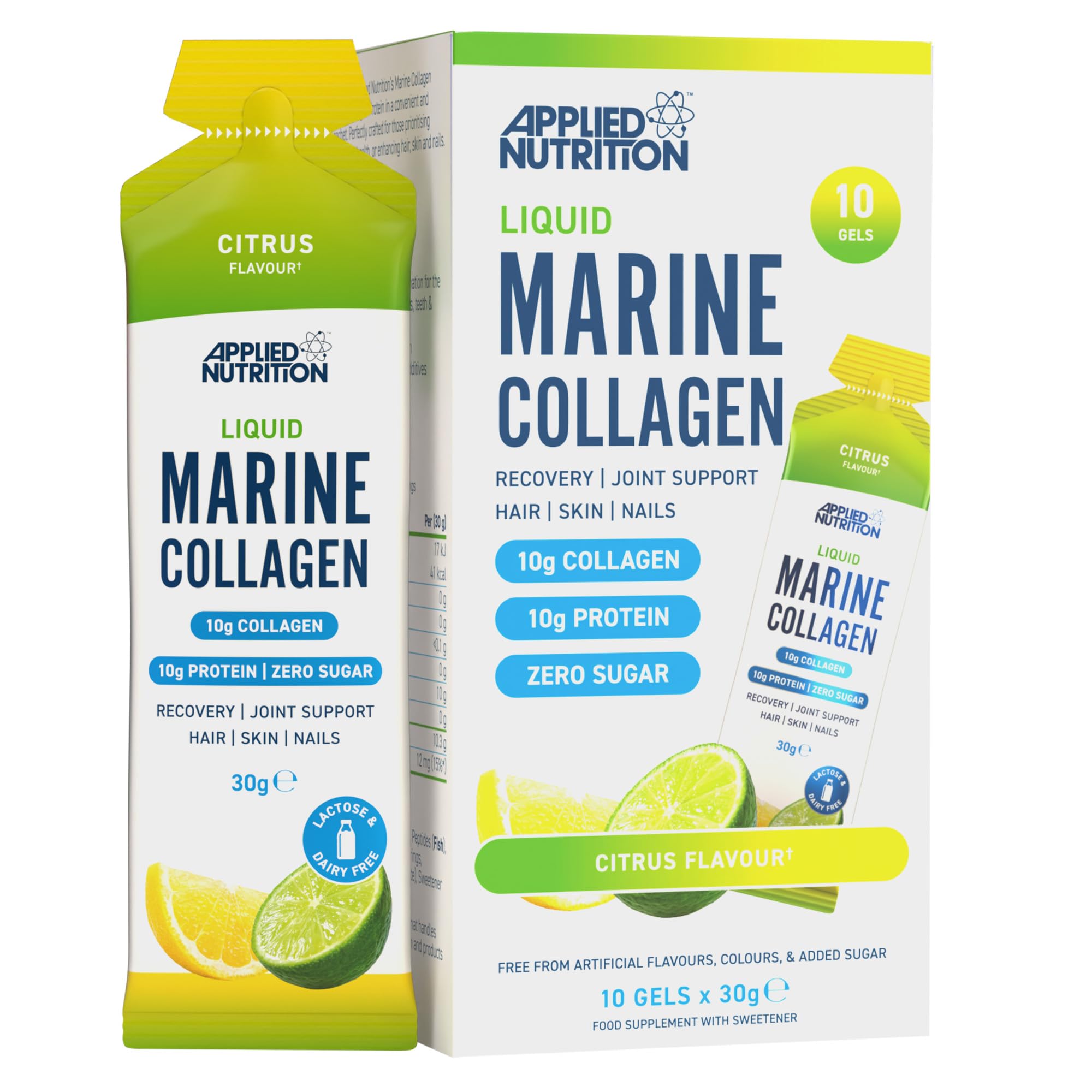 Applied Nutrition Liquid Marine Collagen Gel | 10g Collagen + Vitamin C | Ready-to-Use Beauty Gel | Sugar-Free | Citrus | 10 x 30g Sachets