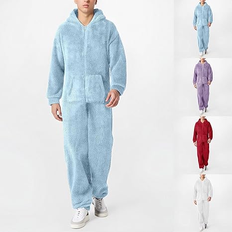 Combinaison Pyjama Hiver Homme - Polaire Douce Et Chaude - Une Pièce Avec Capuche - Fermeture Éclair - Cordon De Serrage