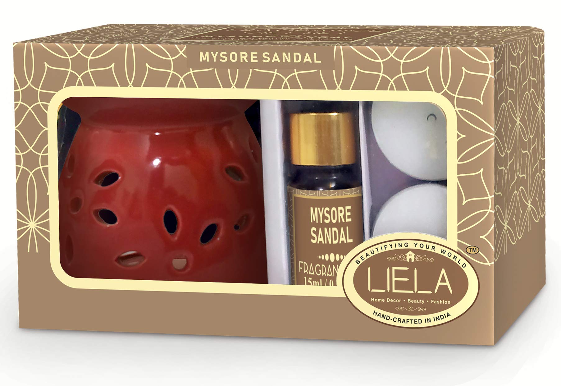 LIELA - essential Oil Burner/aroma diffuser/Vaporizer set with 3 Tea-Light and Pure and Premium Sandal 15 ml Fragrance Oil in Brown Glass Bottle with Dropper ( burner color can be white, red or green)
