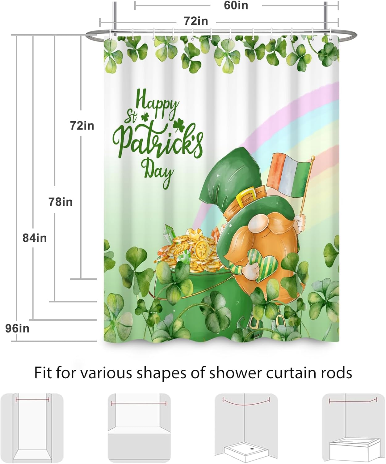 Renaiss 72x72 Inches Happy St Patricks Day Shower Curtain Green Irish Clover Shamrock Leaf Gold Coin Gnomes Fabric Shower Curtains for Bathroom Decor Waterproof Bath Curtain with Hooks