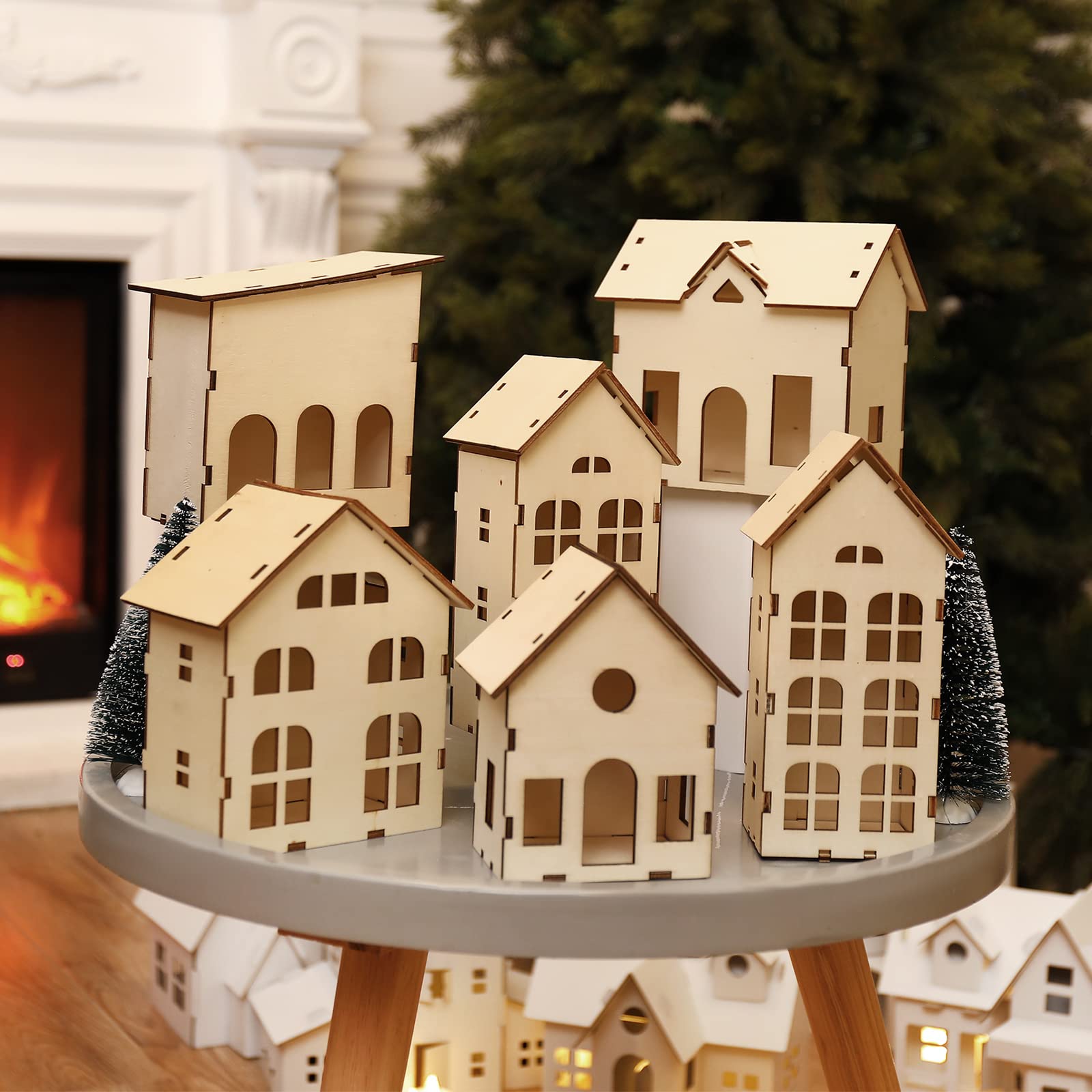 Sawysine 12 Pcs DIY Christmas Village Houses Wooden Crafts Rustic Christmas Houses Christmas Village Collection Farmhouse Indoor Room Table Decor, Art and Craft for Adult Kids Party