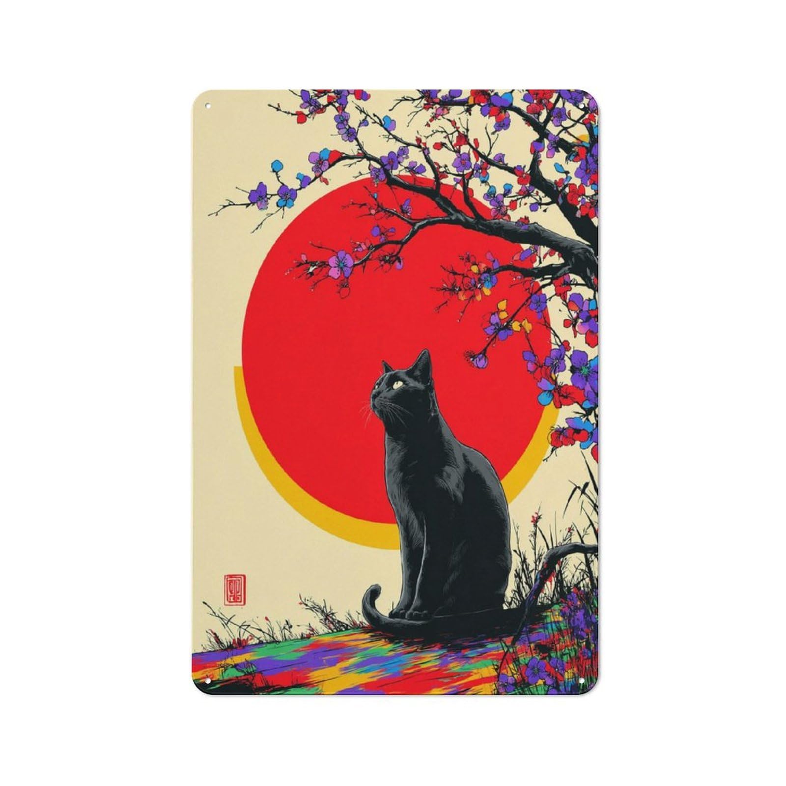 Junmoney Cherry Blossom Sunset Cat Tin Wall Plaque 30X20cm With For Studio Or Craft Room, Suited To Craft Room Decorators