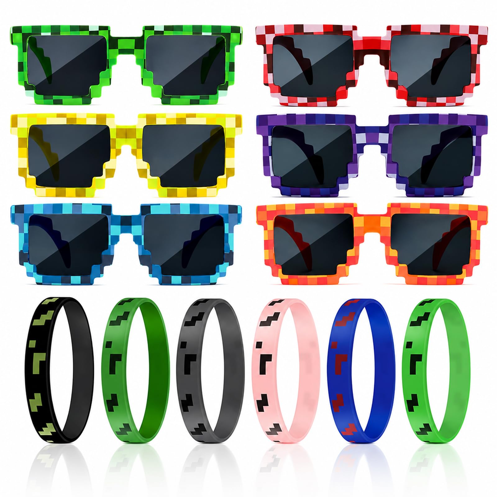 Bolosa Pixel Party Glasses Accessories Set, 12 Pcs Party Favours with Novelty Glasses & Silicone Wristbands, Party Bag Fillers for Kids' Gamer Birthday Party, Pixel Theme Gamer Party Accessories