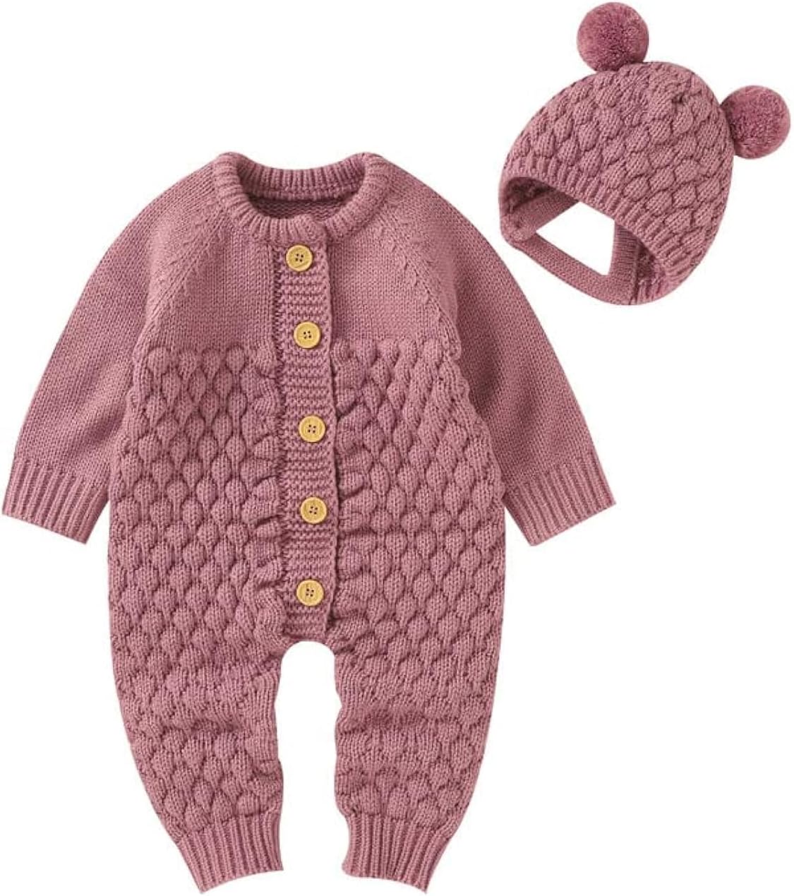 LAWKUL Baby Outfit Cotton Knit Newborn Infant Romper Knitted Longsleeve Sweater Clothes With Warm Hat Set Toddler Boy Girl