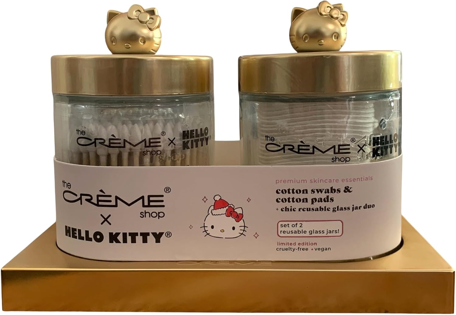 The Creme Shop Hello Kitty Cotton Swabs & Cotton Pads Set of 2 Glass Canisters Gold