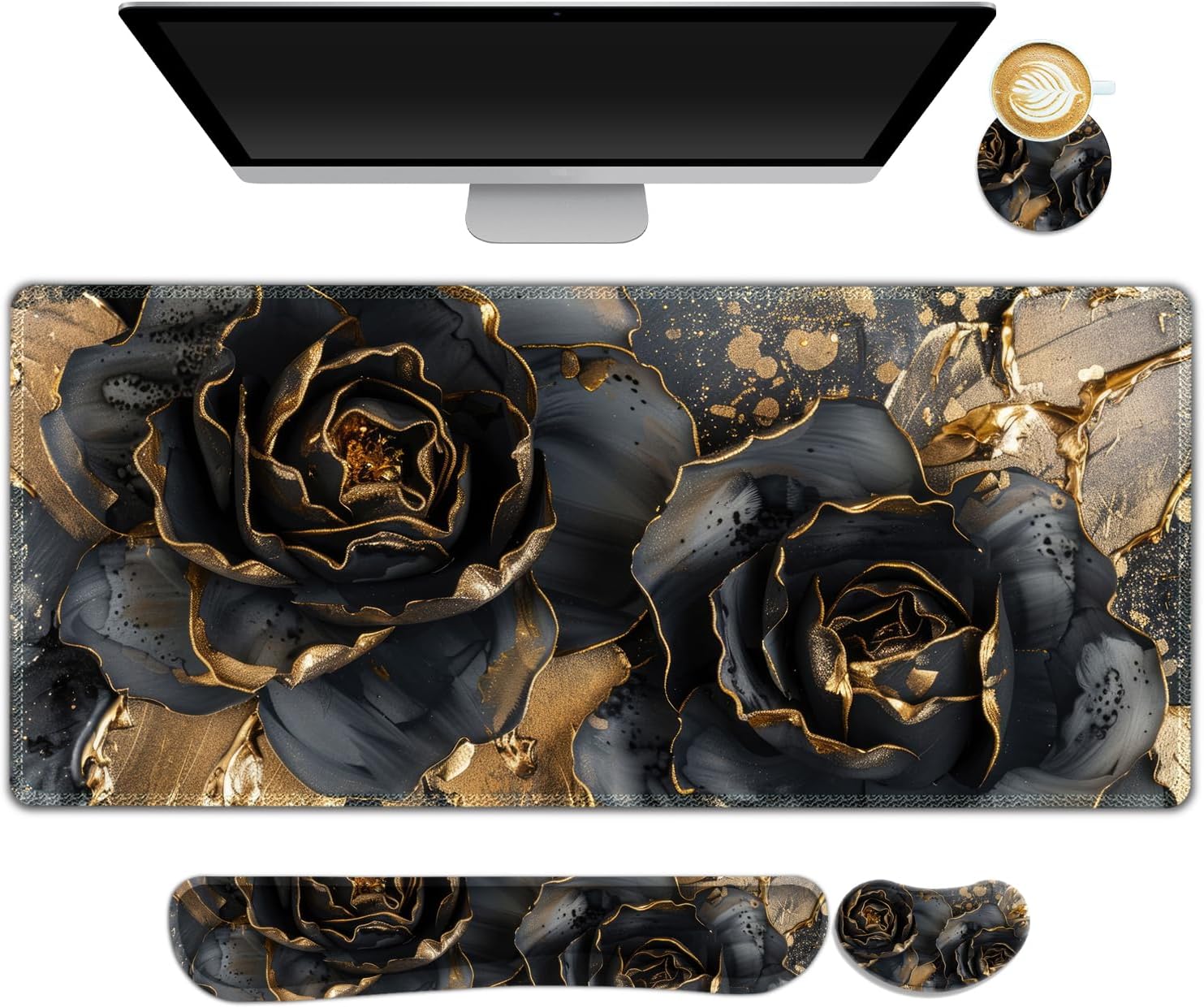 Desk Mat Pad, Gaming Mouse Pad Wrist Support Set, 4 in1 Non-Slip XXL Large Mousepad + Ergonomic Keyboard Wrist Rest+Mouse Wrist Rest+Coaster for Home Office PC Computer I Black Gold Floral