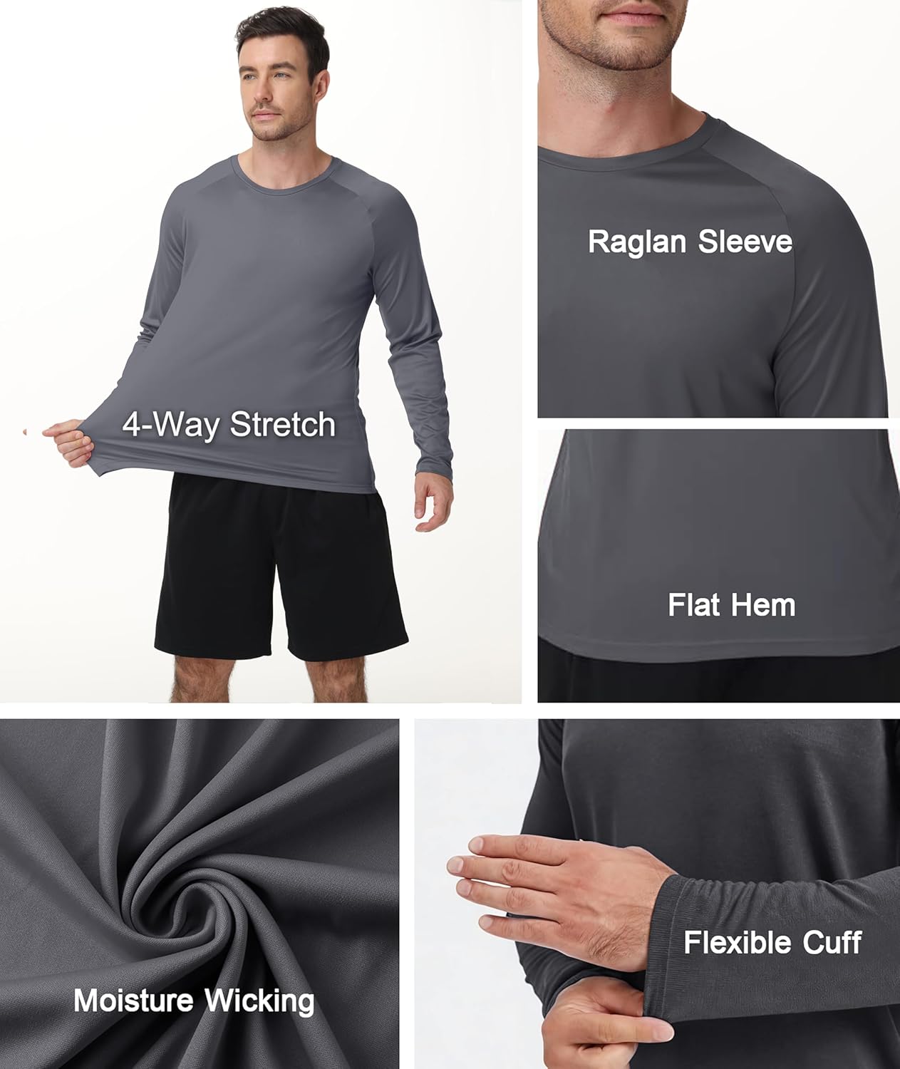 5-Pack Mens Long Sleeve Shirts UPF 50+ UV Sun Protection Fast Dry Fishing Hiking Swim Rash Guard Wokout Shirt - Image 3