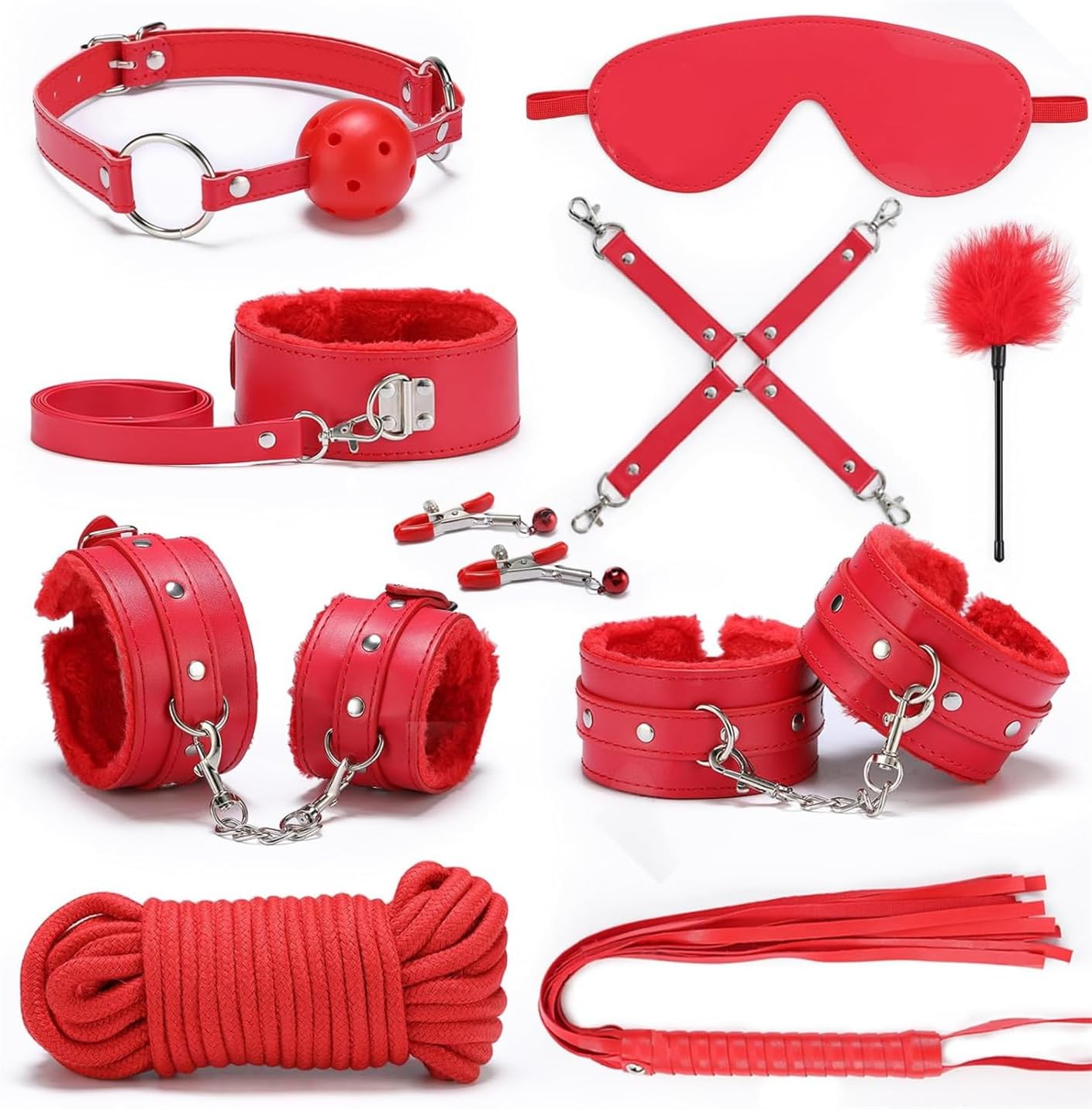 BDSM Sex Bed Bondage Restraints Kit Toys Rope Cuffs s&m Gear Couples Sexy Gifts Set Fuzzy Handcuffs Plush Leather Yoga Aid Set 10 Pieces Red, Comfortable Exercise Accessories-H