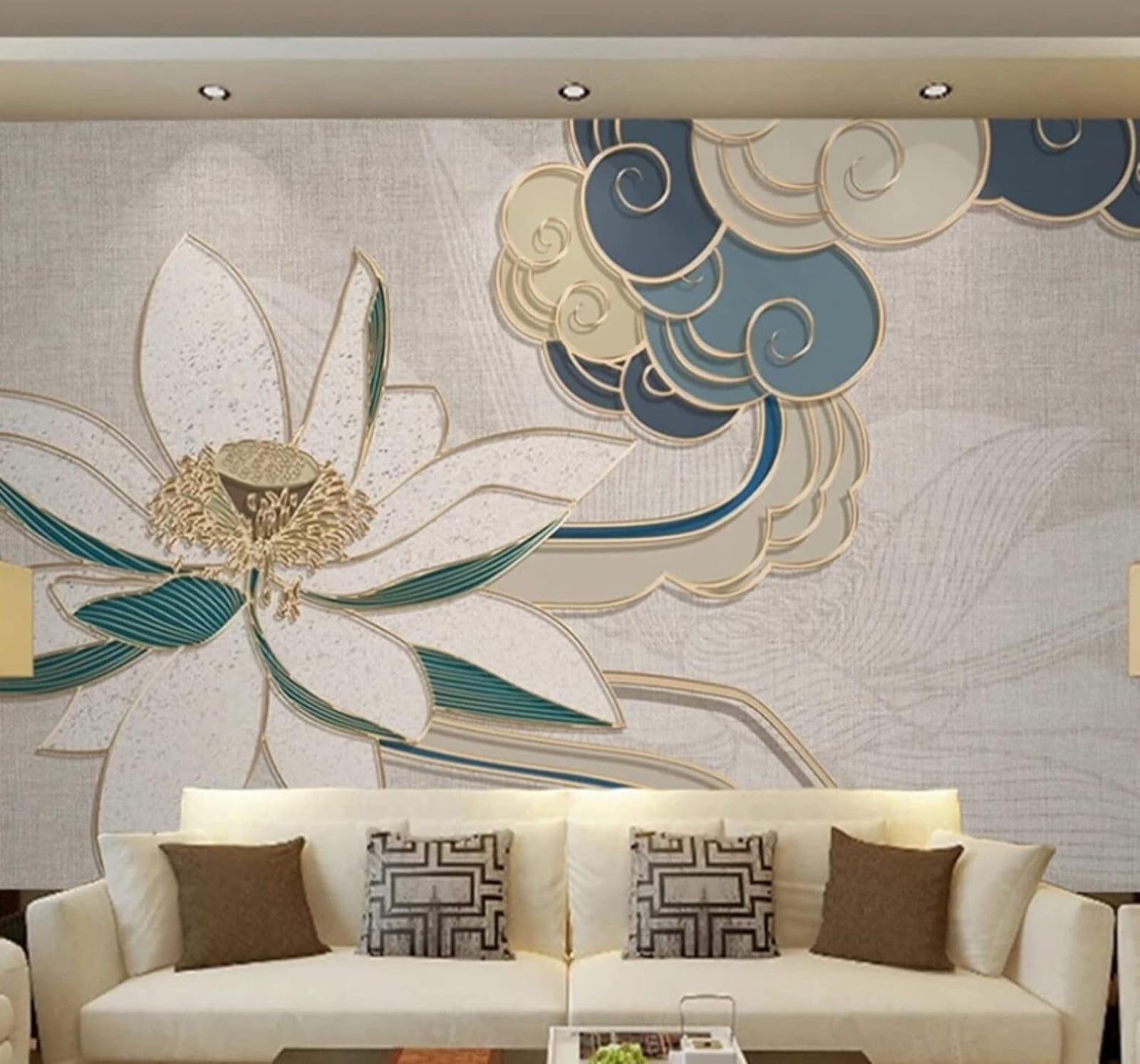 XLMING Gold Relief Lines Lotus Clouds 3D Wallpaper Luxury Home Dining Decor Paste Sofa Living Room The Wall for Bedroom Mural-300cm×210cm