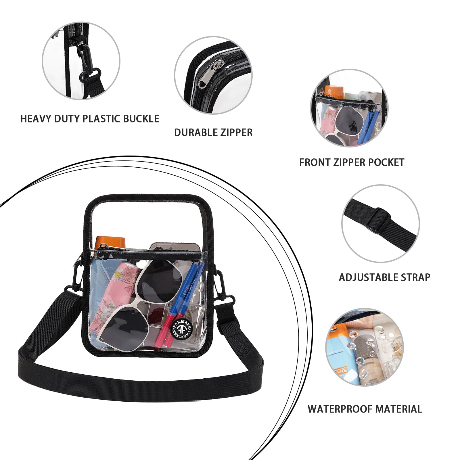 Clear Bag Stadium Approved - Transparent Waterproof Crossbody Purse with Adjustable Strap for Concerts Events