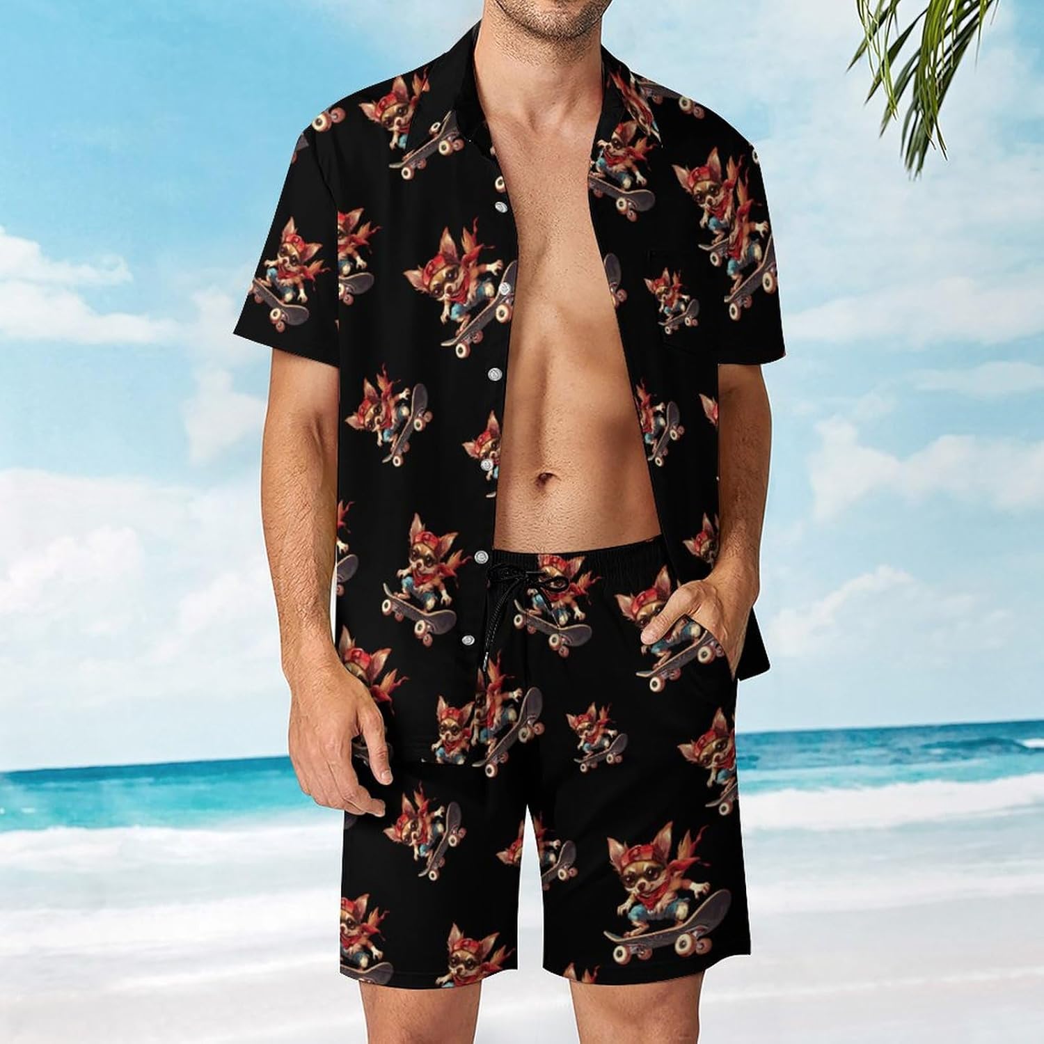 Skate Chihuahua Men's Summer Beach Outfits Shirt And Shorts Set 2 Piece Vacation Swimwear