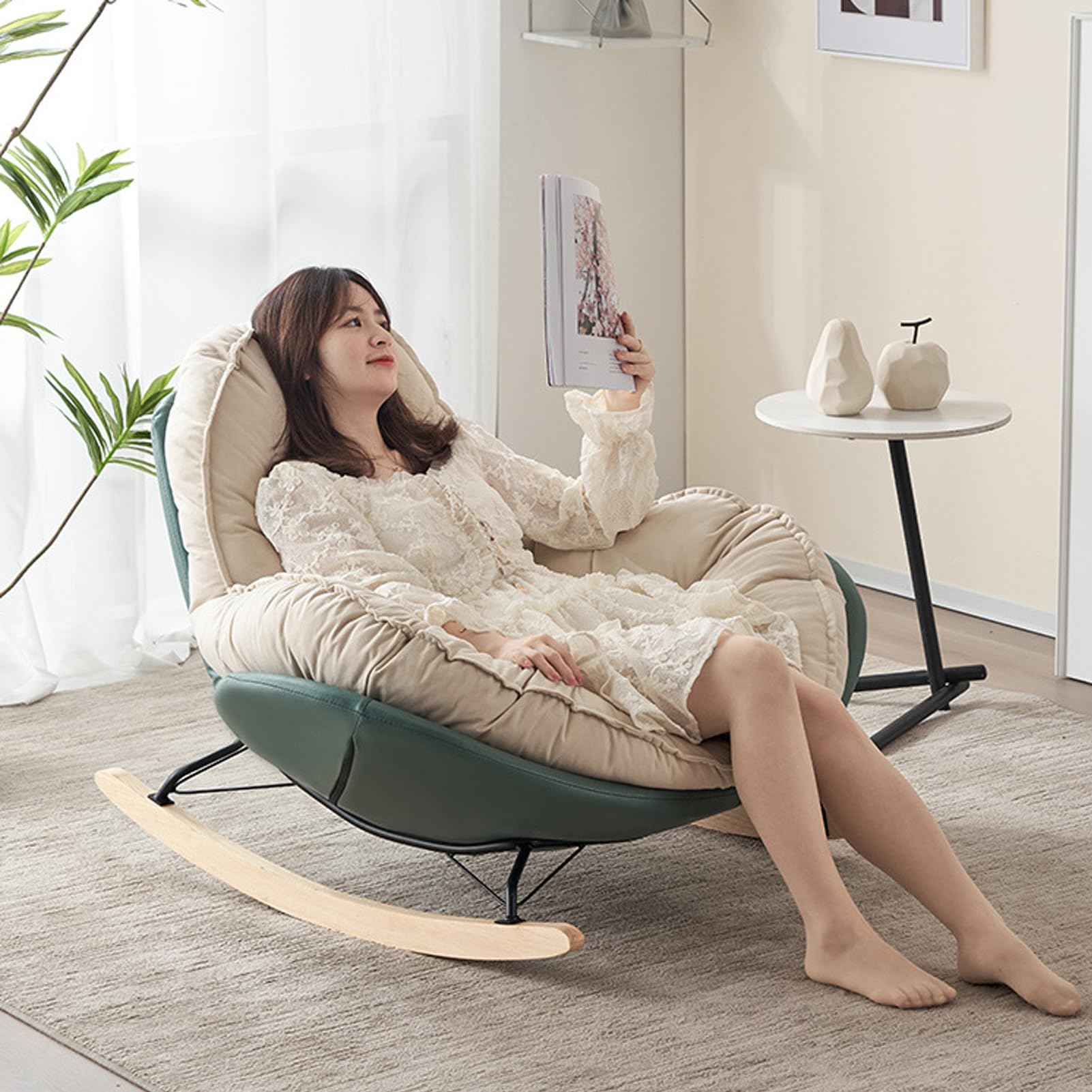 Mecedora de patio con cojín acolchado grueso, asiento interior y exterior, ideal para porche delantero, sala de estar, jardín, patio, patas de madera duraderas, relajación cómoda