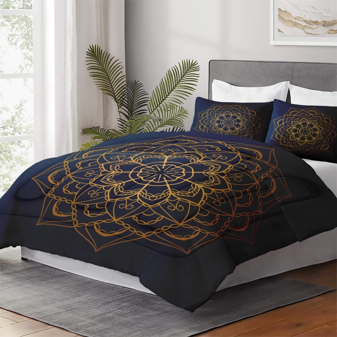 Queen Size Comforter Set with 2 Pillowcases, Navy Blue Boho Gold Mandala Soft 3 Pcs Bedding for Kids and Adults Bedroom Bed Decor - Image 4