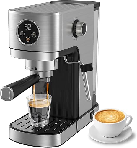 VEGETA Máquina de café expreso, 20 bar, máquina de café expreso de 1350 W con espumador de leche, pequeña máquina de café expreso para capuchino,
