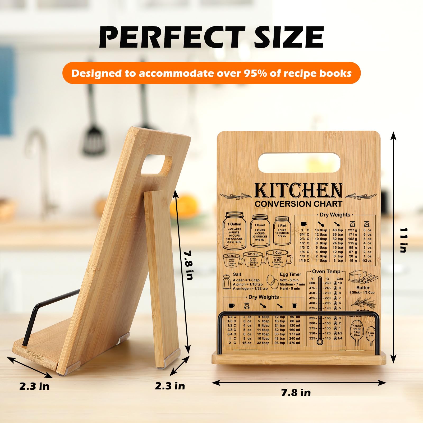 Supporto per libri di cucina in bambù per bancone della cucina, supporto per libro di ricette con tabella di conversione delle misurazioni, supporto regolabile per libri di cucina, accessori