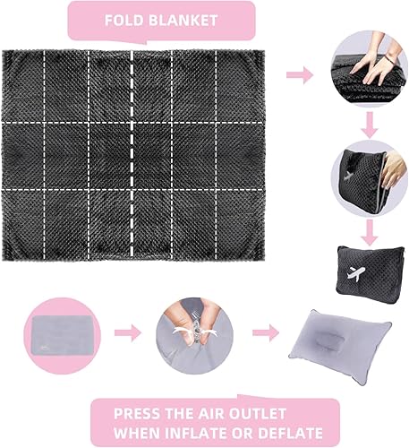 Miniatura 7 de Nenolix Juego de almohadas de viaje 3 en 1  Manta de viaje de 11.35 ozm, manta cálida de avión, bolsa suave con bolsillo, almohada inflable de viaje