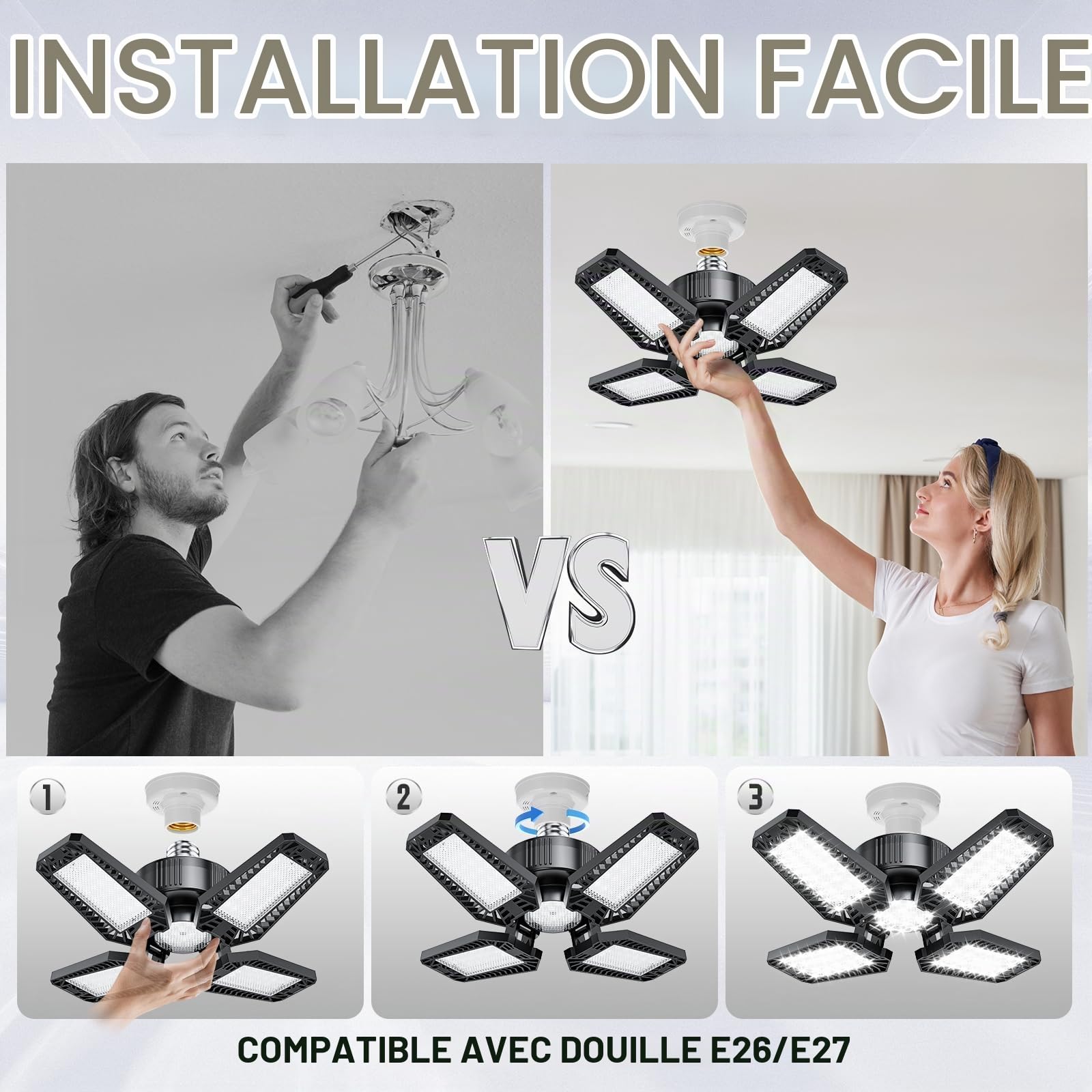 Eclairage LED Garage 4 Pièces 20W, 2000LM Lampe Plafonnier LED Garage avec 4+1 Panneaux Déformables 6500K E26/E27 Éclairage Atelier/Cave, Sous-sol (Équivalent à 120 W