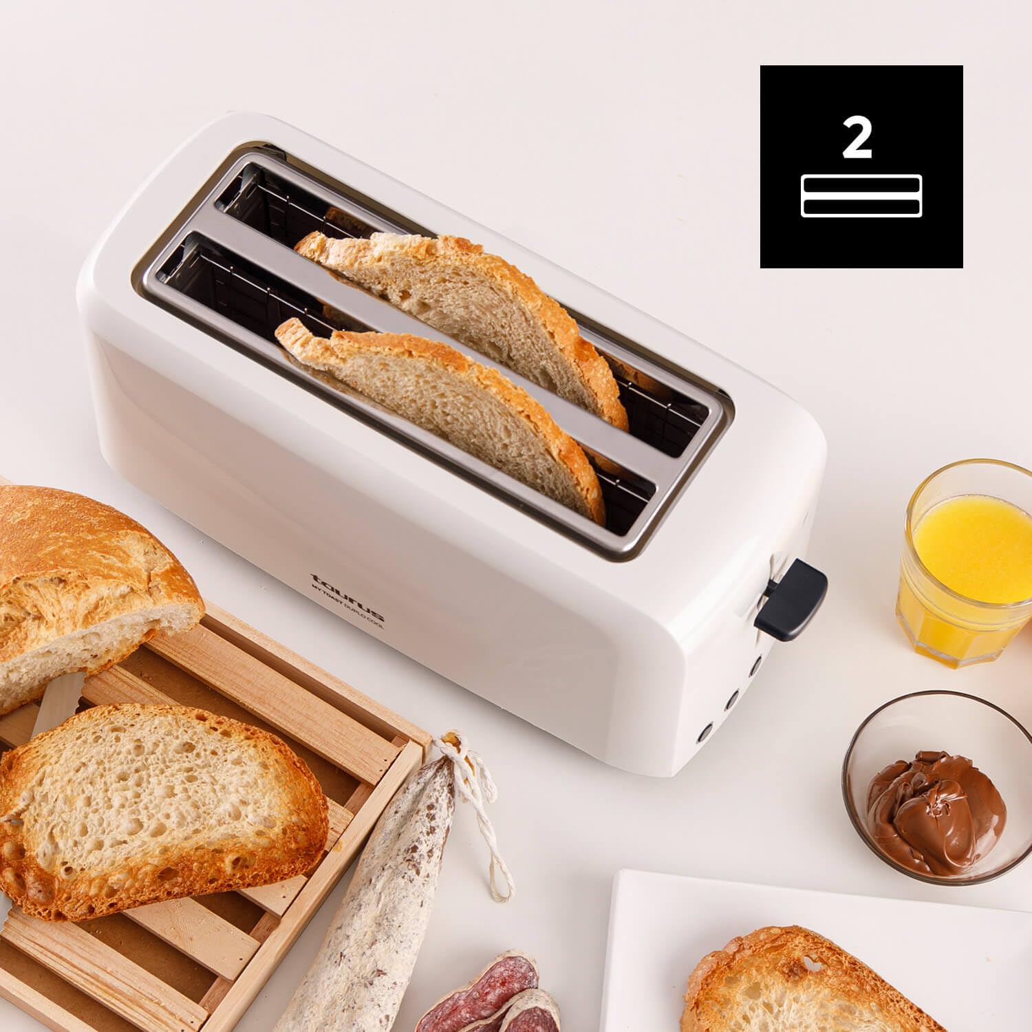 Taurus Toster My Toast Duplo | Potężny 1450 W | bardzo długa szczelina o podwójnej szerokości | 6 poziomów tostów | Światło LED | 3 FUNKCJE - rozmrażanie | Cichy toster