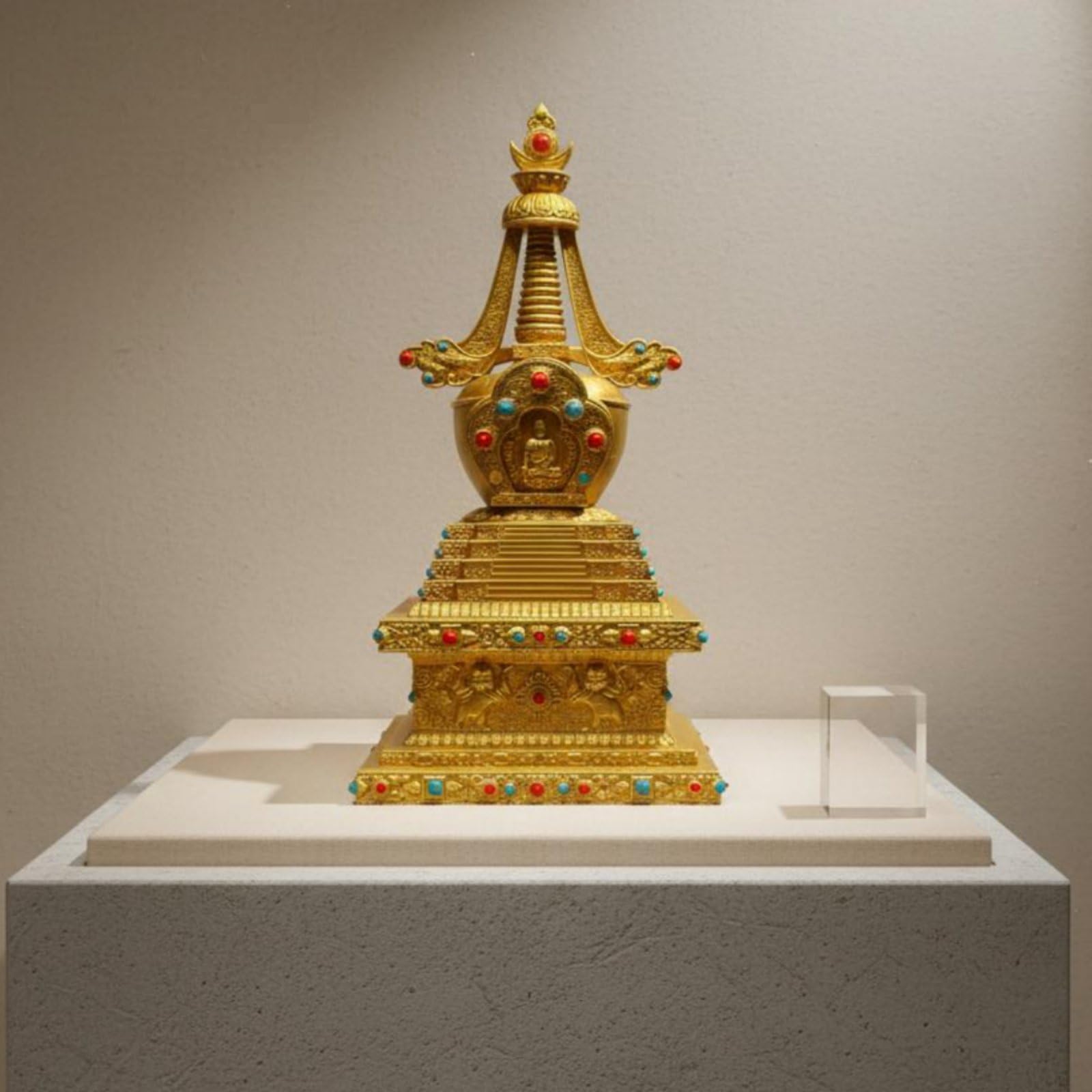 Pagoda Budista Stupa Torre Estatua Escultura de Latón con Detalle Geométrico y Incrustaciones Presencia Serena para Espacio Adecuada para Altar, 21cm 21cm 44cm, Torre Shenbian