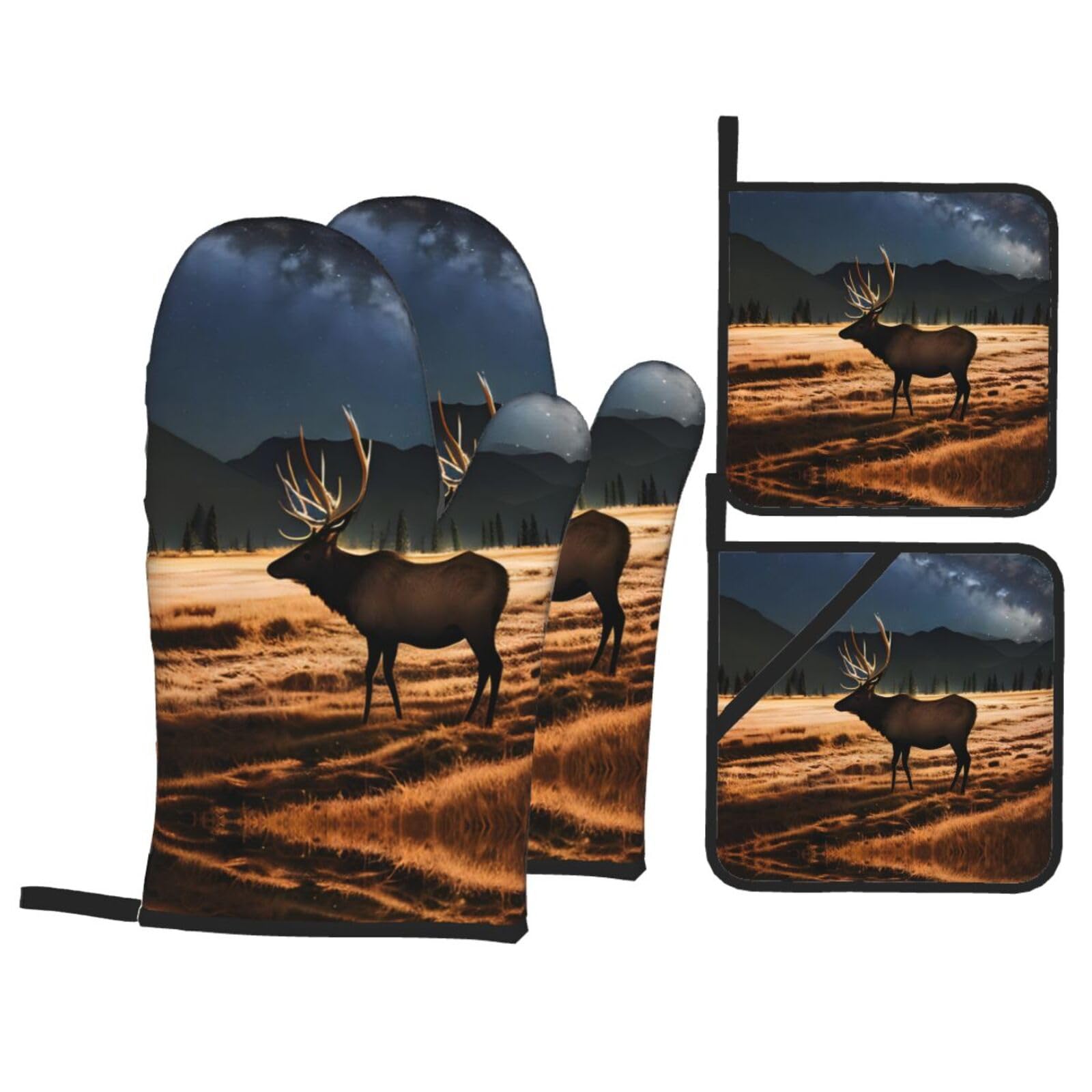 HJFCZH Elk in the meadow Prints Kitchen Throw Set: Durable Oven Layers with Waterproof Polyester – 4 Piece Heat Protection System