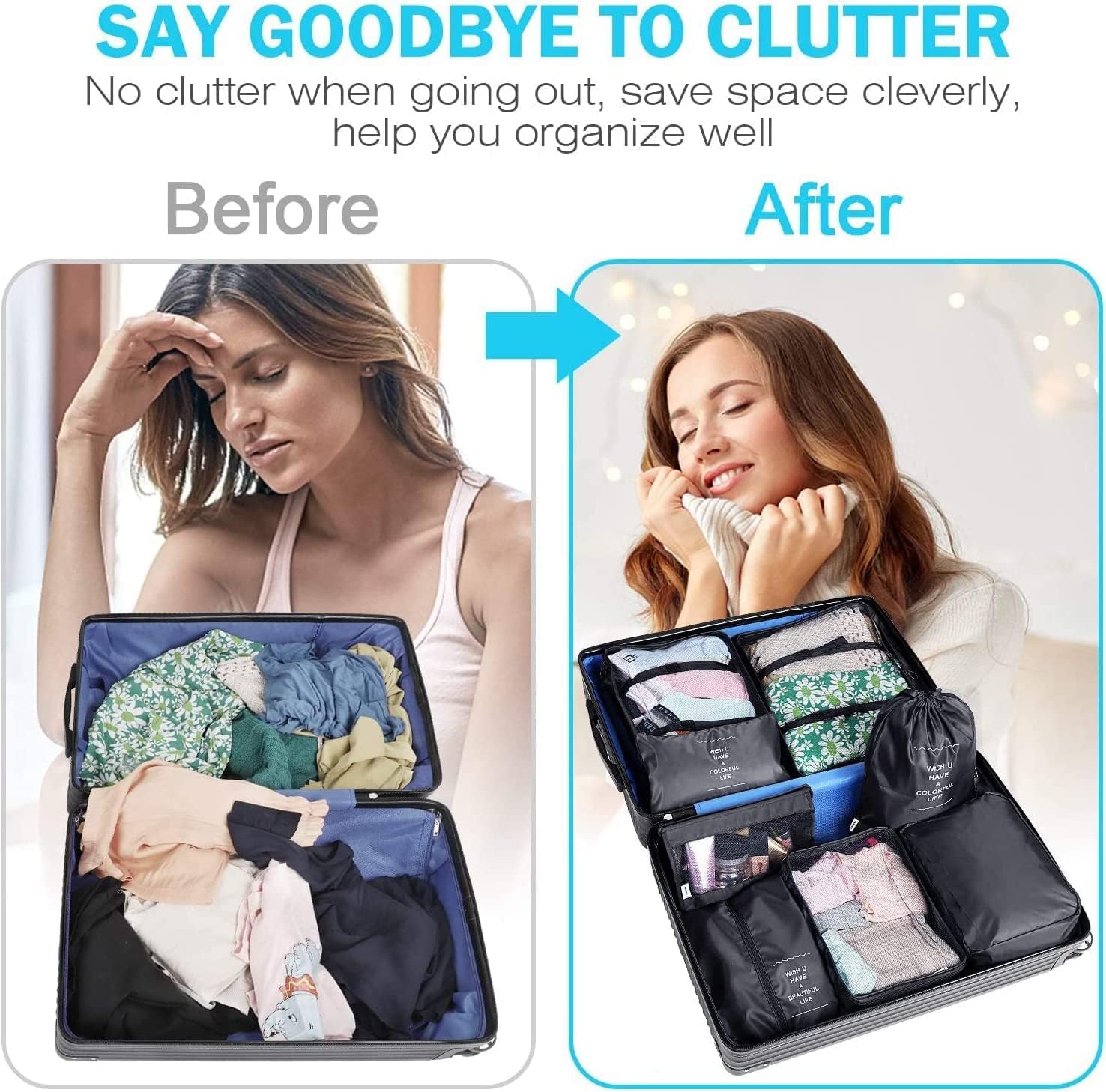Cubi da imballaggio per valigie, 8 pezzi, organizer per bagagli da viaggio, impermeabili, borsa essenziale da viaggio, accessori da viaggio, borse per vestiti e scarpe (nero