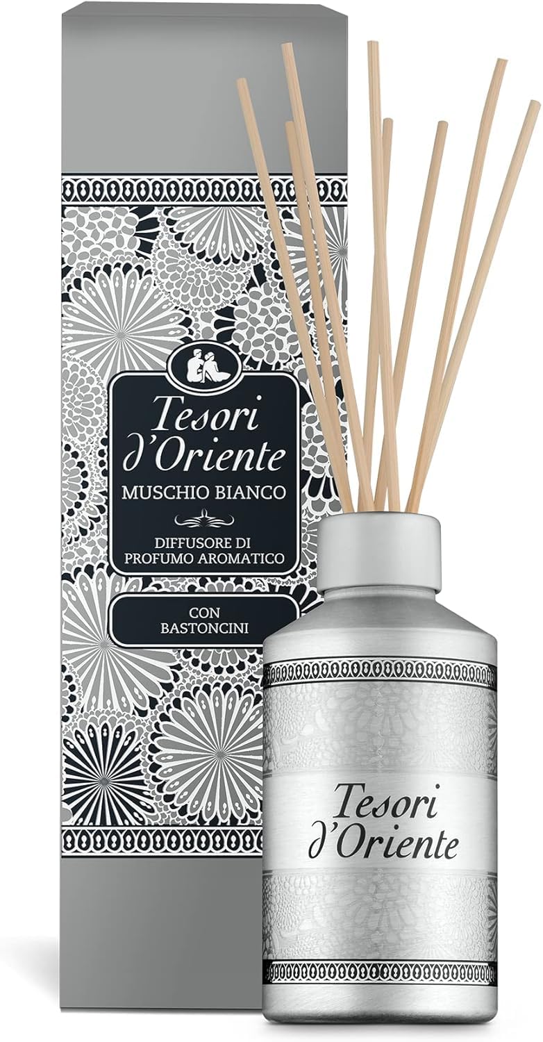 Tesori D´Oriente Lot de 6 diffuseurs de musc blanc pour bâtonnets Diffuseur de parfum d'ambiance avec bâtonnets 200 ml + porte-clés Beni Culinari
