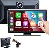 Pantalla portátil CarPlay de 9" para auto, cámara frontal 4K y cámara de respaldo 1080P | Estéreo con pantalla táctil, control por voz, Android Auto Mirror Link, incluye tarjeta de 64GB 1