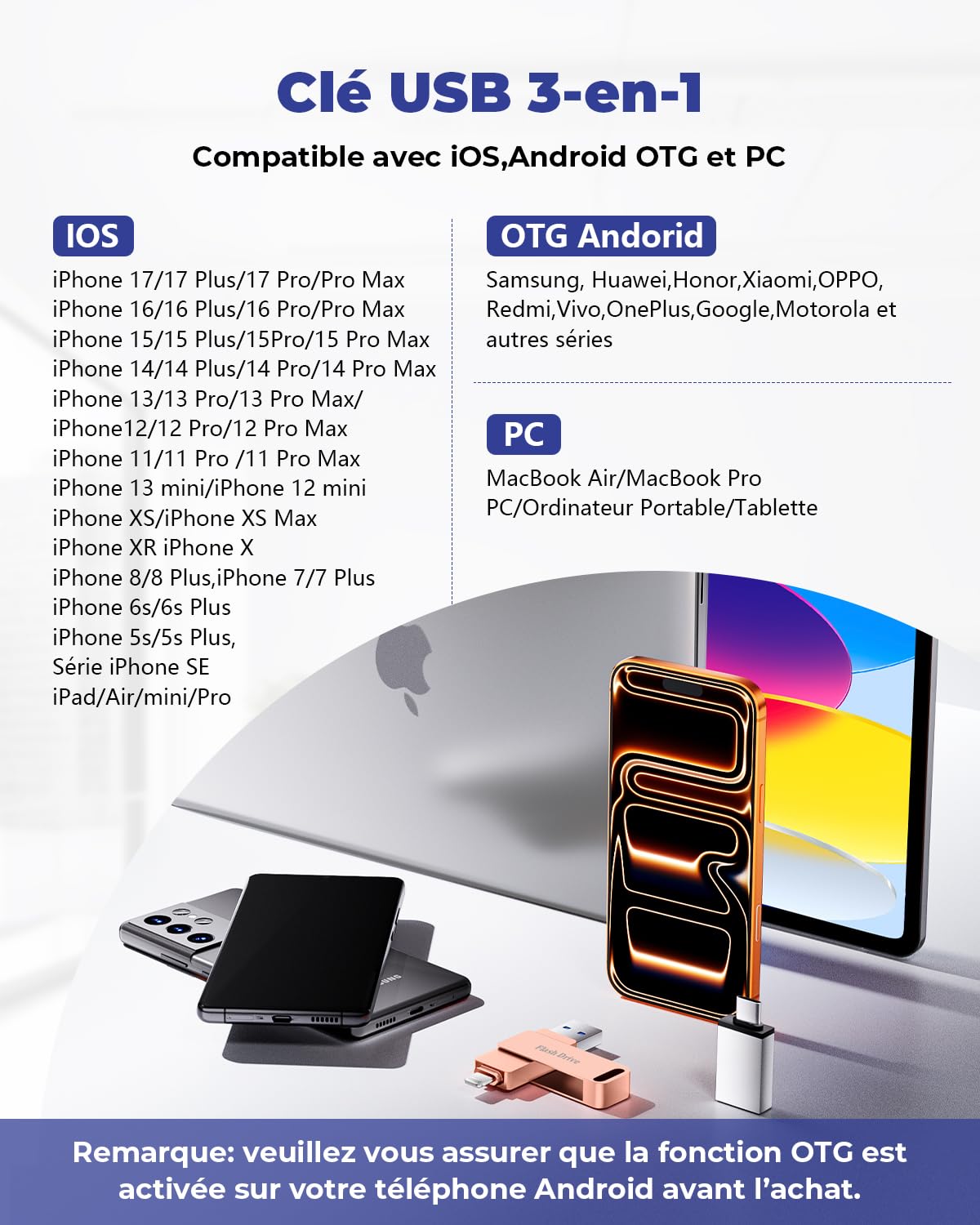 MFi Cle USB 256 Go pour iPhone, Clé USB C, Lightning,Stockage Réel | 3 en 1 Clef USB pour iPhone,iPad,Android OTG Telephone,Mac,PC,Stockage Externe Flash Drive Transfert Photos,Vidéos,Données