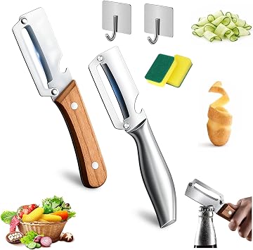 Multi-Functional Vegetable Peeler for Kitchen 2-in-1 Stainless Steel Julienne Peeler with Wooden Handle and Bottle Opener Easy Veg Peelers for Potato Apple Carrot & Fruit Mix