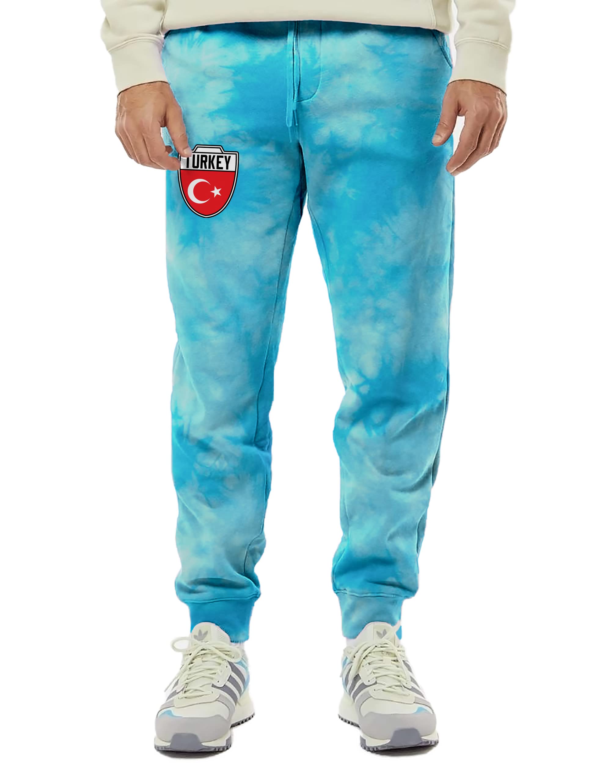 Tukey Crest - Turkish National Soccer Cup Unisex Drawstring Fleece Jogger Pants (Large, Tie Dye Aqua)