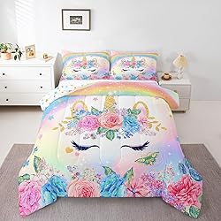 Feelyou Twin Size Unicorn Comforter Set for Kids Girls Bedroom Decorations Teens 3D Colorful Unicorn Rainbow Bedding Comforter Set Ultra Soft and Fluffy Flower Comforter Sets