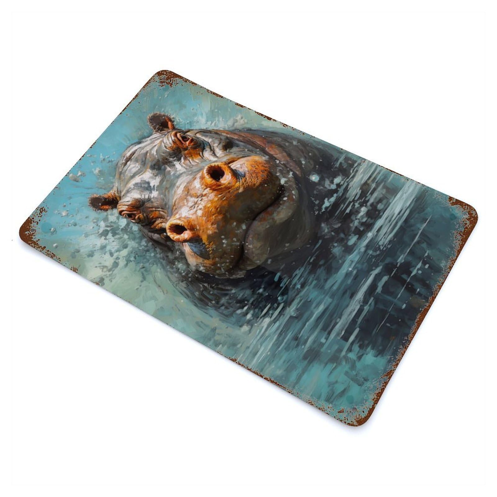 Garage Style Palette Hippo Painting Vintage Rust Metal Sign 11.8"x7.9", Retro Wall Decor for Bar And Workshop
