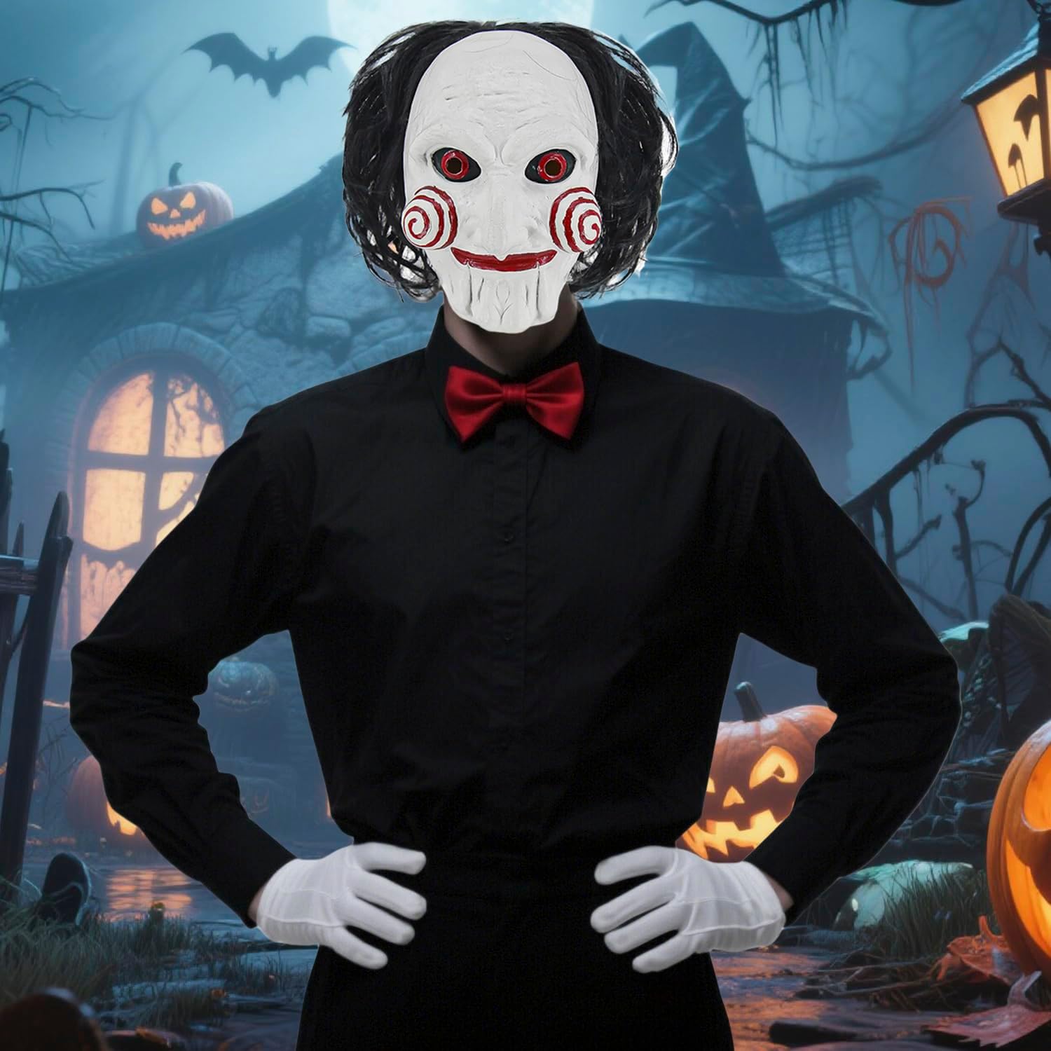 Billy Costume Mask for Men Adult Scary Halloween Costumes Horror Movie Killer Cosplay Full Head Latex Mask with Red Bow Tie and White Gloves KF021