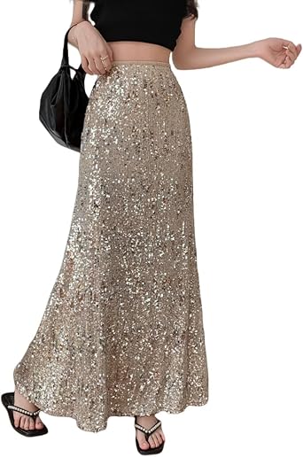 Womens Sequin Fishtail Skirt Casual High Waist Shiny Long Maxi Mermaid Skirts for Daily Cocktail Prom Evening Party