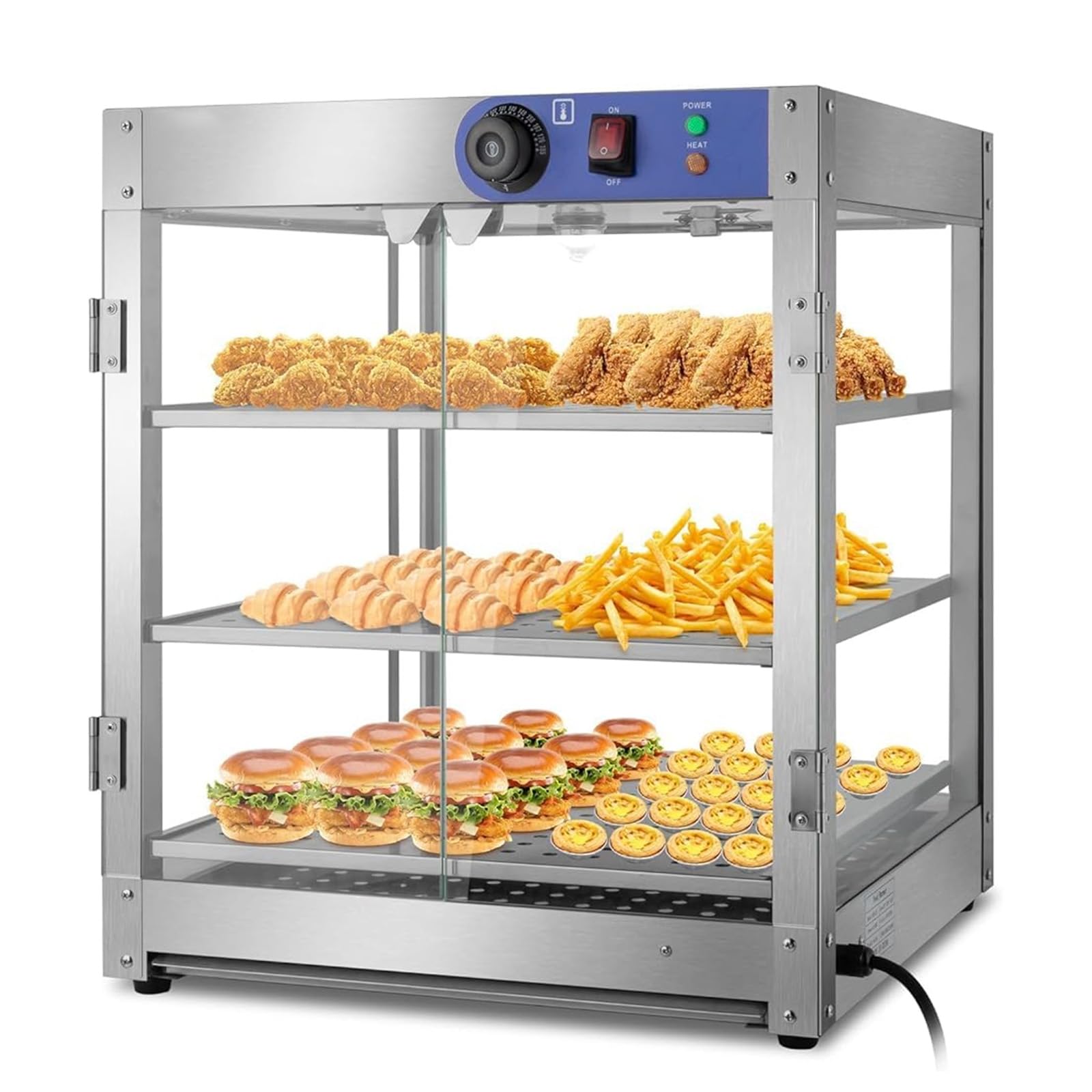 Vetrina riscaldante commerciale in acciaio inox per torte, espositore da banco a 3 livelli con illuminazione a LED, ripiani rimovibili, temperatura regolabile, ideale per buffet e ristoranti.