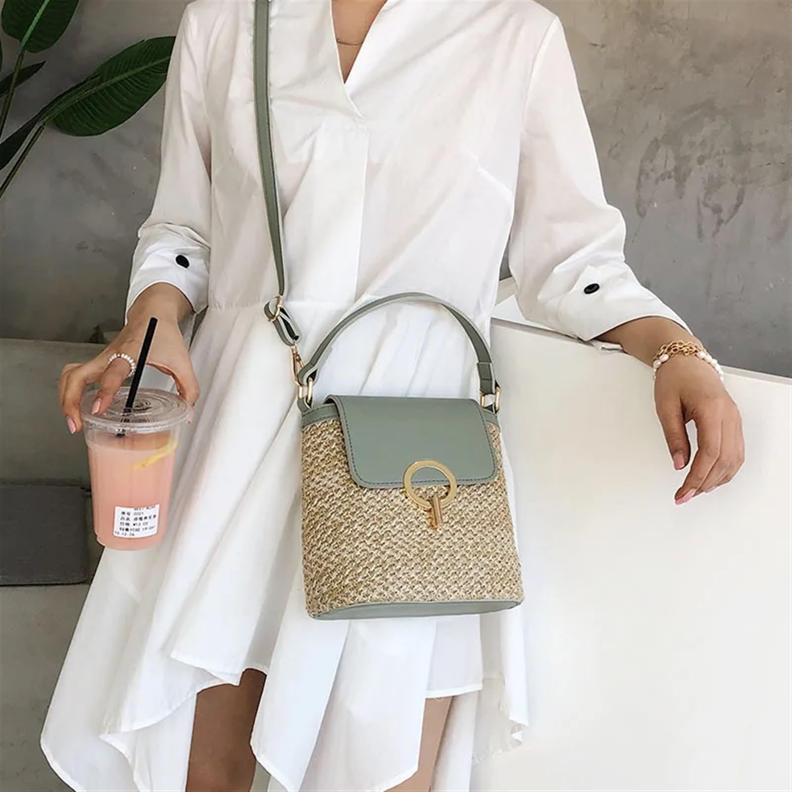 Stroh Handtasche Damen Große Beach Lady Travel Purses and Handbags Casual Chains Straw Bucket Bags Women Summer Messenger Bag Rattan Bags Shoulder Bag Entworfen Für Die Reise Zum Strand Im Urlaub(GREE