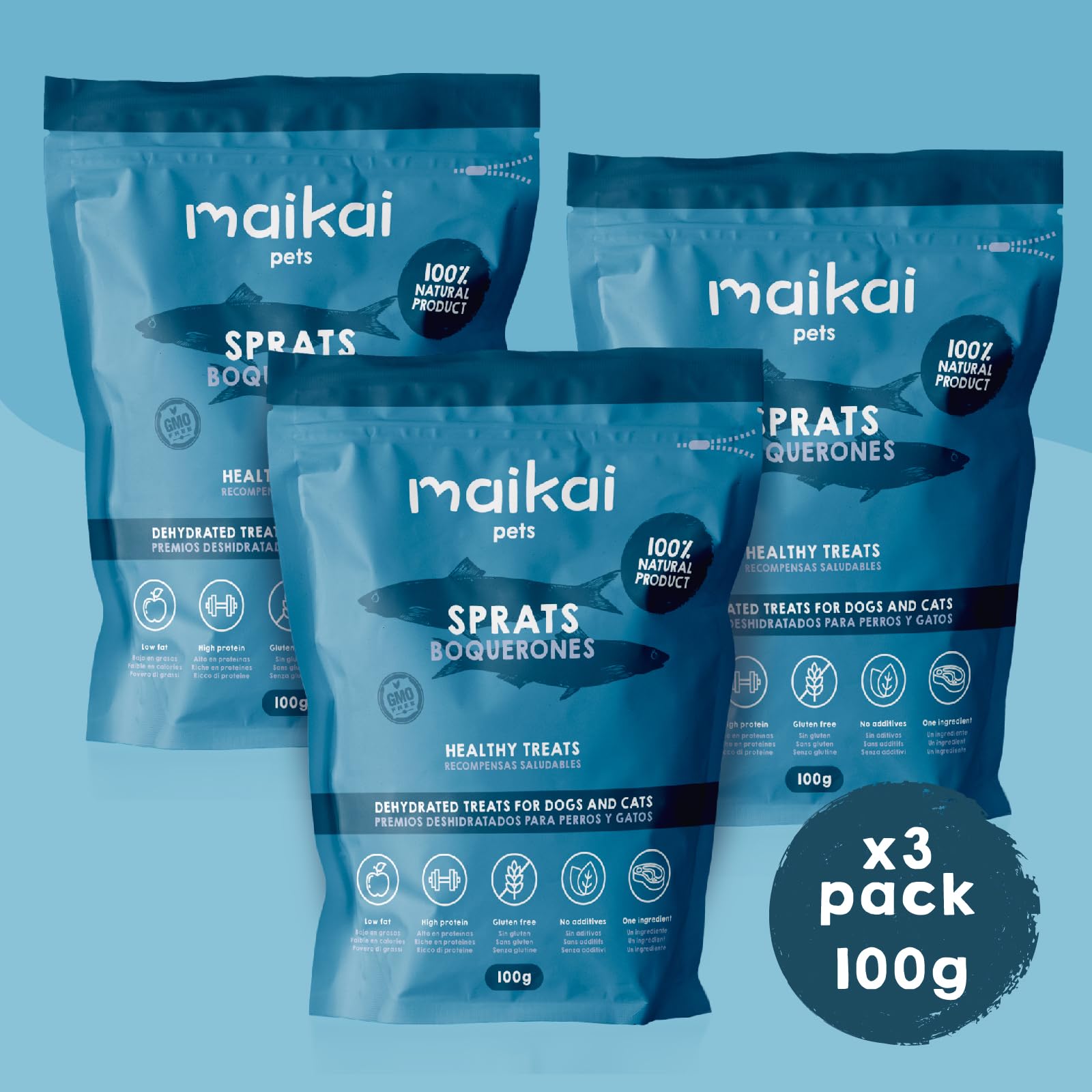 MAIKAI Chuches Naturales para Perros y Gatos Ricas en Omega 3 Boquerones Deshidratados 3x100 g Snack Barf 100% Natural para Todas Las Edades Premios Saludables Producidos en España