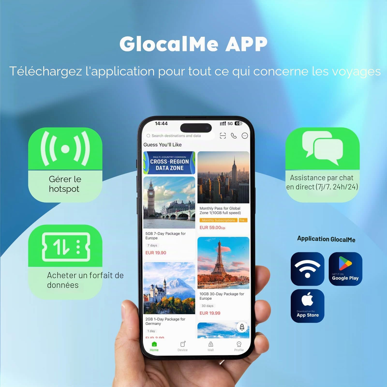 GlocalMe U20 UPP 4G Routeur Wi-FI Mobile, Disponible dans Plus de 140 Pays, Aucune Carte SIM requise, MIFI avec 1 Go de données globales et 8 Go EU données, Point d'accès International (Blanc)