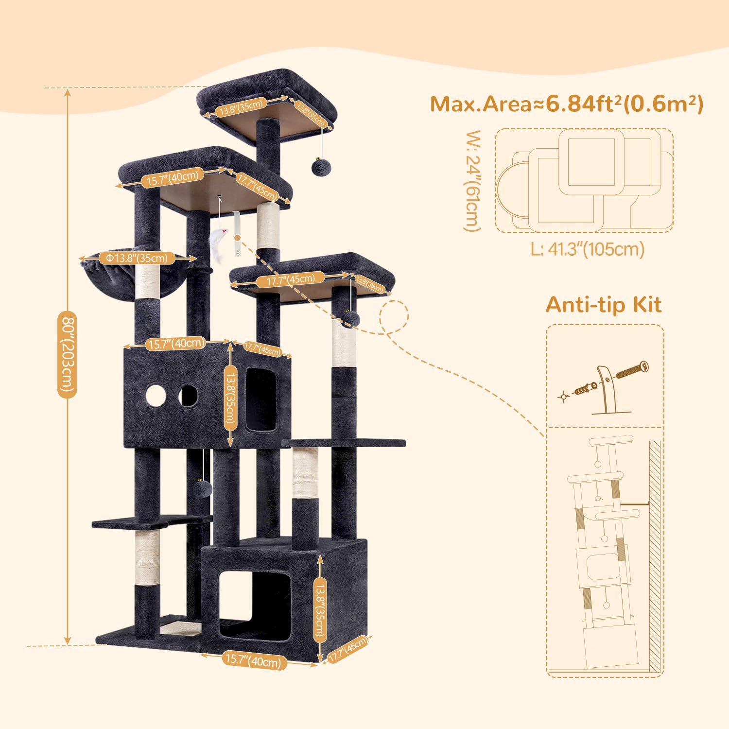 Globlazer Árbol Rascador XXL para Gatos Grandes 203 cm con 2 Nidos Grande 45*40*35cm, 3 Plataforma Amplio, Tablero Sisal, Cesta, Enorme Arbol Rascador para Gatos Adultos Interior (F80E, Gris Oscuro)