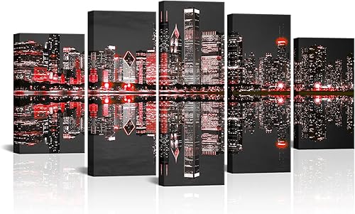 Lienzo decorativo moderno de 5 paneles con diseño de horizonte de Chicago, arte moderno de noche de ciudad en negro y rojo, pintura de paisaje