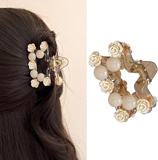 S.A.V.I Women’s Beige Floral Pearl Hair Claw Clip 7 cm | Acrylic Rose Design Clutcher | Elegant Small Star Shape Hair Acce... Price In India