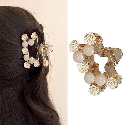 S.A.V.I Women’s Beige Floral Pearl Hair Claw Clip 7 cm | Acrylic Rose Design Clutcher | Elegant Small Star Shape Hair Acce...