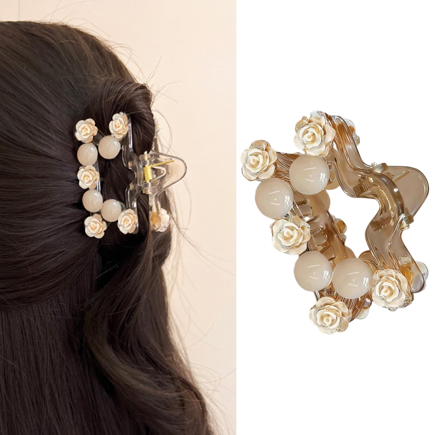 S.A.V.I Women’s Beige Floral Pearl Hair Claw Clip 7 cm | Acrylic Rose Design Clutcher | Elegant Small Star Shape Hair Acce... - Review, Price and Buying Guide