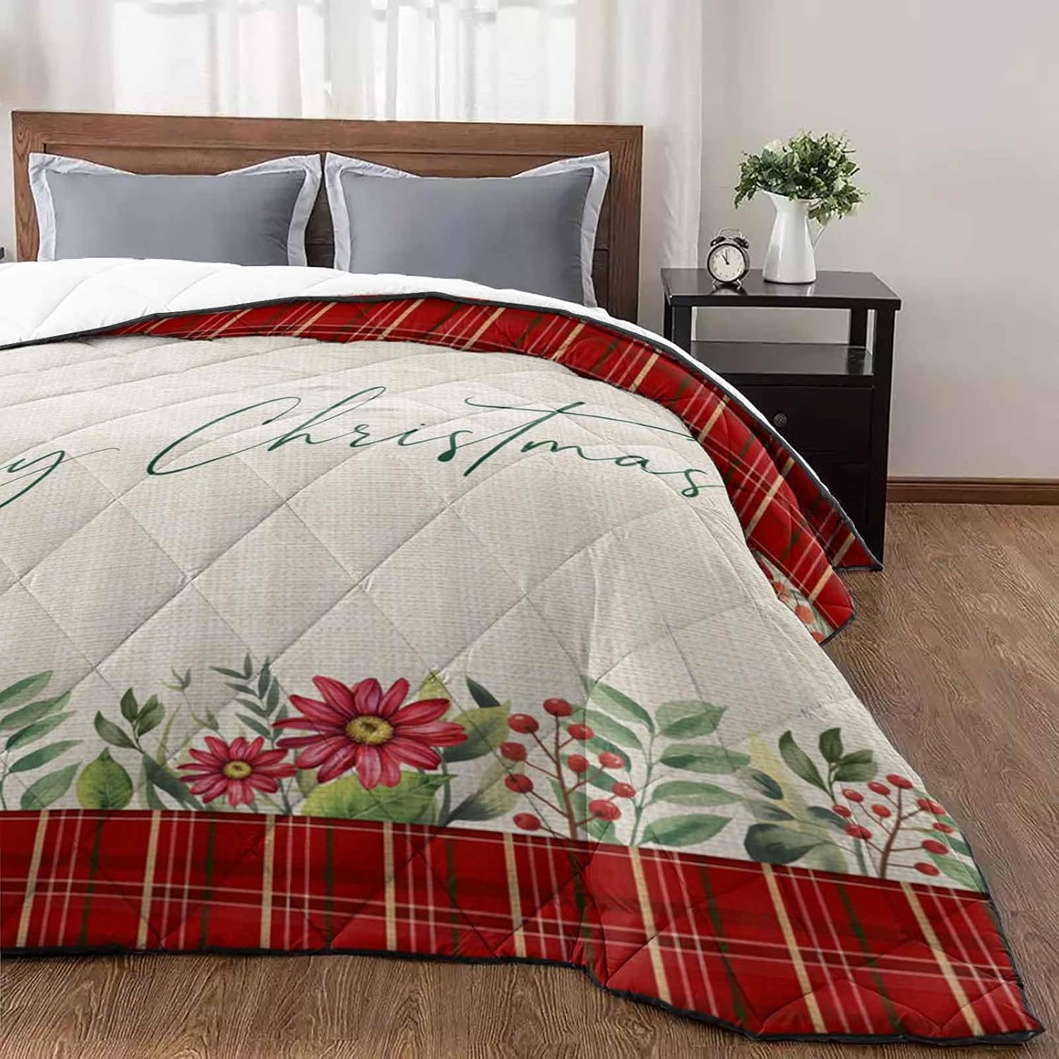 Quilt California King Quilted Comforter Bedspread Thin Soft Christmas Buffalo Plaid Sage Eucalyptus Leaves Watercolor Berry Linen Texture Reversible Stitched Lightweight Quilt Coverlet for All Season