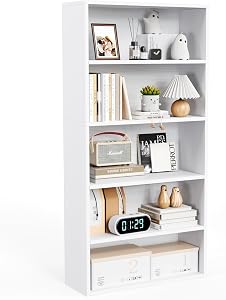 5-Tier Bookshelf, Industrial Bookcase, Wooden Open Storage Free Standing Shelf for Living Room, Bedroom Shelving, Standing Bookshelves Home Office Display and Book Organization, White