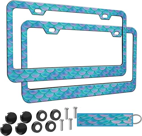 Miniatura 25 de 2 piezas Marco de matrícula azul con diseño de bosque montañoso para mujeres, marcos de etiqueta decorativa de coche azul montañoso para chicas,