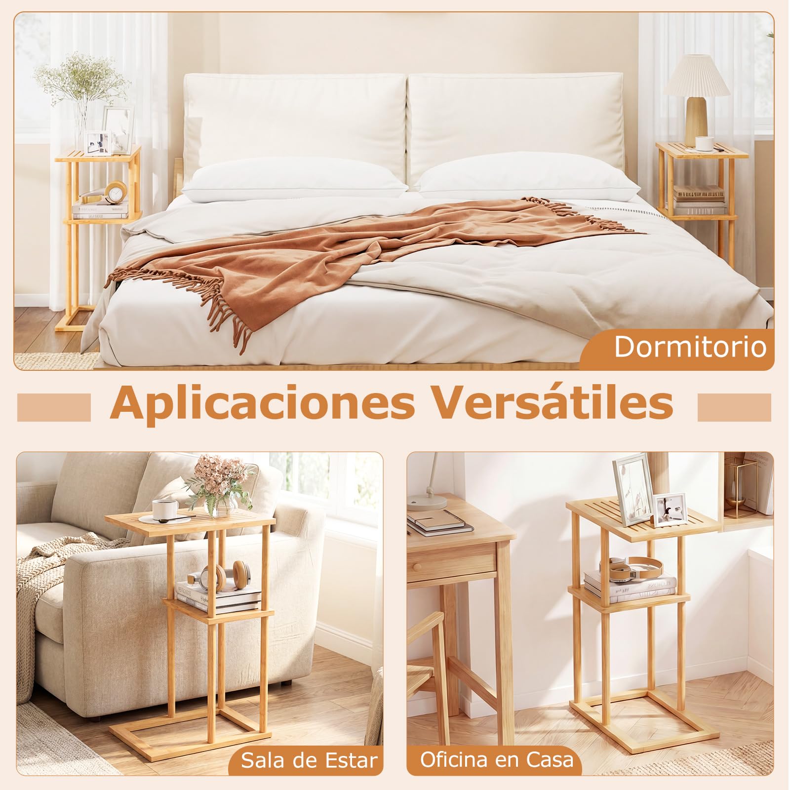 COSTWAY Juego de 2 Mesa Auxiliar de Bambú para Sofá, Mesita Forma de C con Estantes de Almacenamiento, 40 x 28 x 65 cm, Mesa de Café, Mesita de Noche Estrecha para Cama, Sala y Dormitorio, Natural