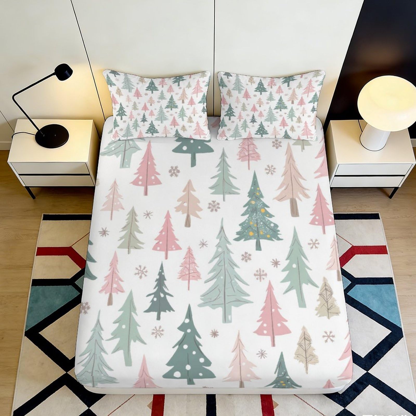 3D Printed Reindeer Snowflake Fitted Sheet Microfiber Deep Pocket Bedroom Bedding Red Mattress Fitted Cover Non-Slip Elastic Hem Washable 90x200x25cm